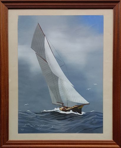 HAFFNER Léon (1881-1972) 
"水粉画，44 x 31厘米，装框54.5 x 44.5厘米，已签名并编号为97。1918年被任命为官方海洋画师。









"帆船...