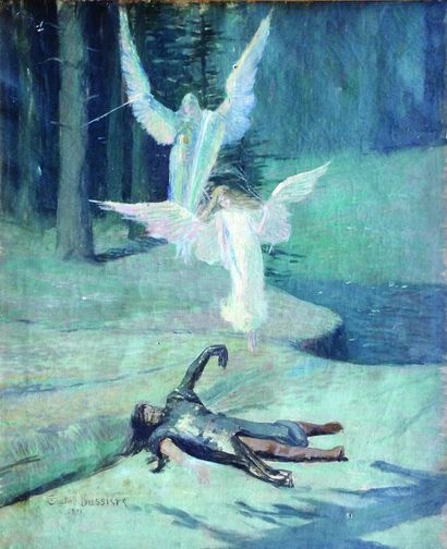 BUSSIÈRE Gaston (1868-1928) "La chanson de Roland" 布面油画 65 x 54 cm (待清洁和上光)，有签名和日期...