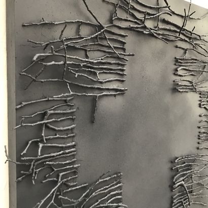PIGEON Jean-Jacques "丙烯颜料和树枝粘在涂有石膏的木头上 60 x 60 x 8厘米，右下方有签名。



对法国和瑞士免运费。



"绘画-树枝（灰色十字架n...