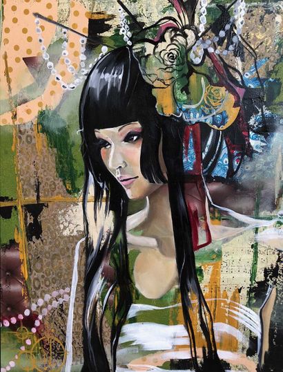 ZENATTI Natacha "Geisha moderne" Huile, acrylique et collages sur toile 73 x 60 cm...
