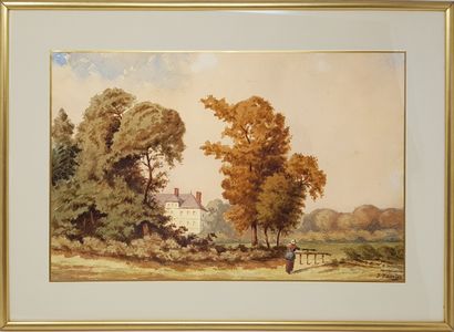 JANVIER Jules (1824-1871) "Le manoir "水彩画，27x41cm，带视图，39x53cm，带画框，右下方有签名。



"Le...