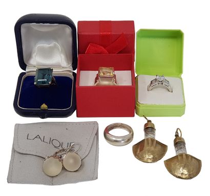 Lot de bijoux 
包括两对耳环：Lalique水晶和金属签名，Goudji青铜和玻璃签名，以及四个戒指，其中两个是银色的Minerva。 


包括两支钢笔：万宝龙...
