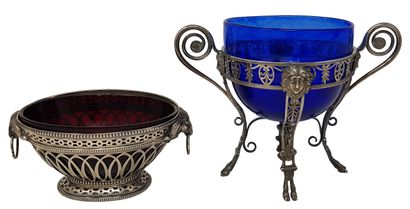 MASSON Nicolas-Richard 
Cup c.1800 in navy blue glass on silver mount with two handles...