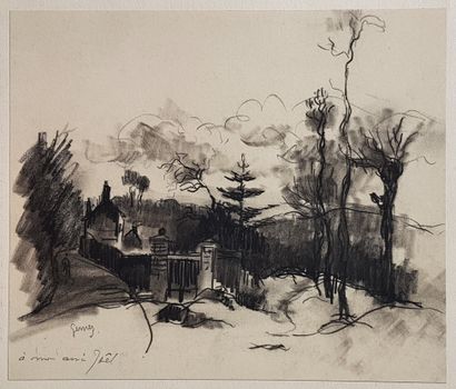GERNEZ Paul-Élie (1888-1948) " Ma maison " Fusain 21,5 x 25 cm (collé sur carton...