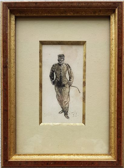 LEFEBVRE Jules (1836-1911) "Officier marchant" Encre et aquarelle, 9x5,5cm (à vue),...