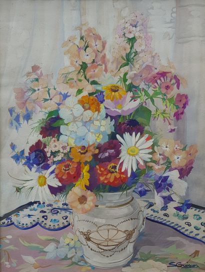 GUÉGUEN Suzanne (1900-1979) "Bouquet de printemps" Aquarelle gouachée sur carton,...