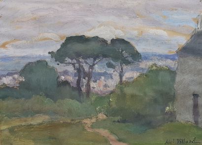 VILLARD Abel (1871-1969) " Le chemin entre les pins " Huile sur carton 14,5 x 20...