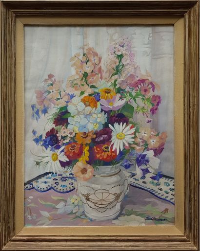 GUÉGUEN Suzanne (1900-1979) " Bouquet de printemps " Aquarelle gouachée sur carton,...