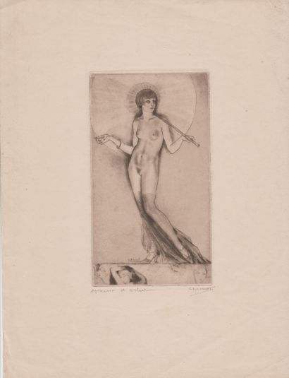 CHIMOT Édouard (1880-1959) " Nue à l’ombrelle " Litho, épreuve d’artiste, 28,5 x...