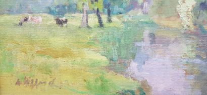 VILLARD Abel (1871-1969) " La rivière " Huile sur carton 26 x 34 cm et encadrée 31...