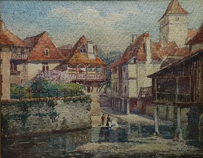 COURREGES Jean-Léon (1885-1948) "Salies Béarn "水彩画18 x 23厘米（见图），带框28 x 34厘米，已签名，位于，献给...