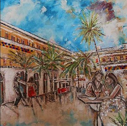 SENELONGE Laurence "巴塞罗那，皇家广场 
用刀和笔在木板上画的油画，80 x 80厘米，厚度5厘米，已签名。 
 
免费运送到法国。 
 
"巴塞罗那，皇家广场"...