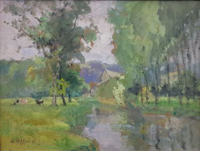 VILLARD Abel (1871-1969) " La rivière " Huile sur carton 26 x 34 cm et encadrée 31...