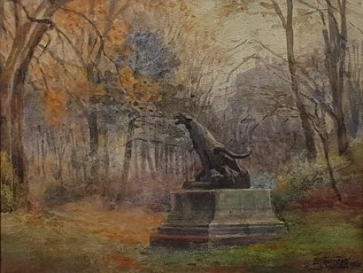 COURREGES Jean-Léon (1885-1948) "蒙索公园受伤的女狮 "水彩画，21 x 27厘米（展出），装框33 x 40厘米，有签名，位置和日期为1920年。查尔斯-瓦尔顿（1851-1918）的铜像在1940年至1944年间被占领者融化了。



"蒙索公园受伤的女狮...