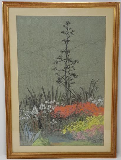 VALERE Bernard (1860-1936) " Jardin exotique " Pastel 42 x 28 cm et encadrée 50 x...