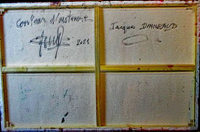 DONNEAUD Jacques "秋色" 画布上的混合技术 纸上丙烯颜料粘在画布上 115 x 70 cm 底部签名，背面有标题和日期。 
"秋天的颜色" 画布上的混合技术...