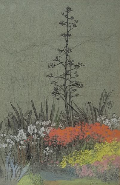 VALERE Bernard (1860-1936) " Jardin exotique " Pastel 42 x 28 cm et encadrée 50 x...