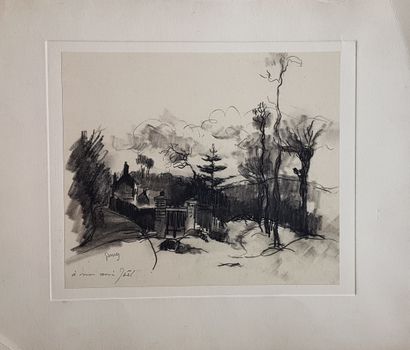 GERNEZ Paul-Élie (1888-1948) " Ma maison " Fusain 21,5 x 25 cm (collé sur carton...