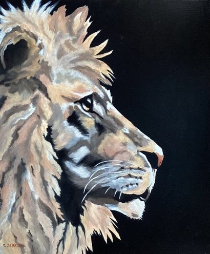 DESSAIGNE Eliane "Lion aux aguets" Huile sur toile 55 x 46 cm signée. 
 
Frais de...