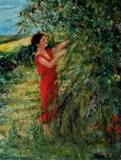 MURAT Néla "Le cerisier sauvage" Huile sur toile 26 x 37 cm signée en bas à droite....