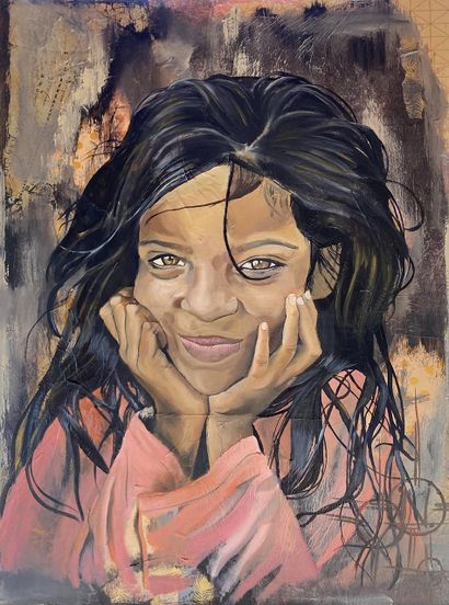 ZENATTI Natacha "Ajeet, petite indienne" Huile, acrylique et collages sur toile 81...