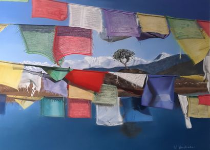 ANDRIEU Nathalie "Méditation" (drapeaux de prière tibétains) Pastel sec 55 x 75 cm...
