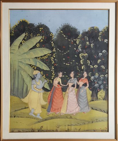 INDE : Grande gouache c.1900-1920 
Peinture à la gouache indienne, représentant des...