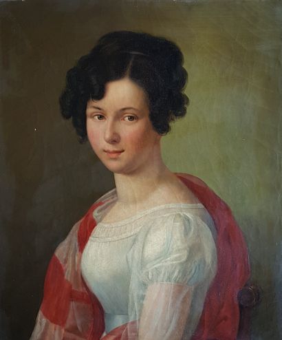 Portrait de femme c.1800 
" Portrait de femme à l’écharpe rouge et blanche " Huile...