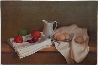 MORENO Benito (1940-2018) 
" Les fruits " Peinture sur panneau, 45 x 63 cm, signée...