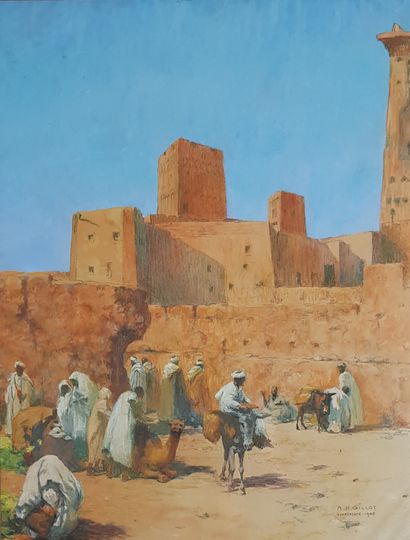 GILLOT Adrien Henri (1883-1948) 
" La porte de Ouarzazate " Aquarelle gouachée signée,...