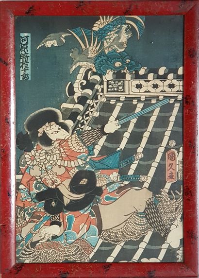 JAPON - Estampes du 19e siècle 
Lot de 2 estampes japonaises encadrées du 19e siècle...