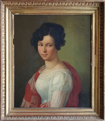 Portrait de femme c.1800 
" Portrait de femme à l’écharpe rouge et blanche " Huile...