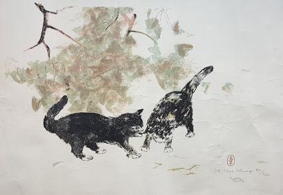Pham Thuc CHUONG (1918-1983) 
Les deux chats, lithographie n° 89/200, 75 x 56 cm,...