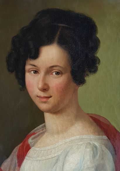 Portrait de femme c.1800 
" Portrait de femme à l’écharpe rouge et blanche " Huile...