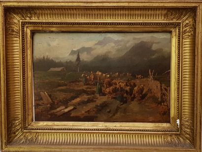 LOUBON Emile (1809-1863) 
" Retour des champs " Huile sur panneau de bois 24,5 x...