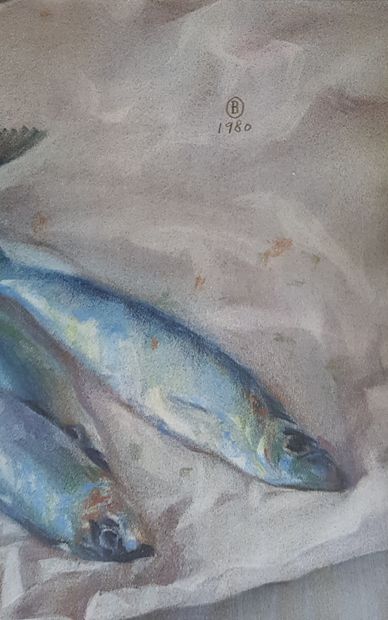 MORENO Benito (1940-2018) 
" Les poissons bleus " Aquarelle 27 x 32 cm (46 x 51 cm...