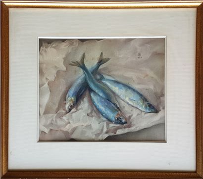 MORENO Benito (1940-2018) 
" Les poissons bleus " Aquarelle 27 x 32 cm (46 x 51 cm...
