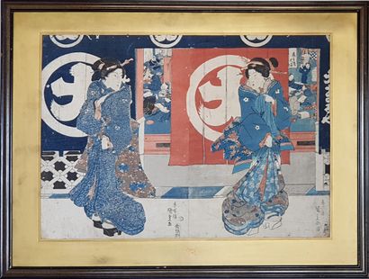 JAPON - Estampes du 19e siècle 
Lot de 2 estampes japonaises encadrées du 19e siècle...