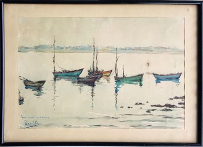 MORENO Benito (1940-2018) 
" Les barques " Aquarelle sur papier, 27 x 39 cm (35 x...