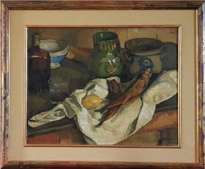 CORLIN Gustave (1875-1969) 
" La table de la cuisine " Huile sur toile 81 x 67 cm...