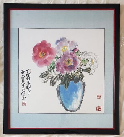 CHINE - SHI FU 
Encre et couleurs sur papier, bouquet de pivoines 
H. 67 cm L. 68...