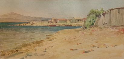 COMBA Pierre (1859-1934) " Paysages maritimes " Deux aquarelles 17 x 35 cm (une encadrée...