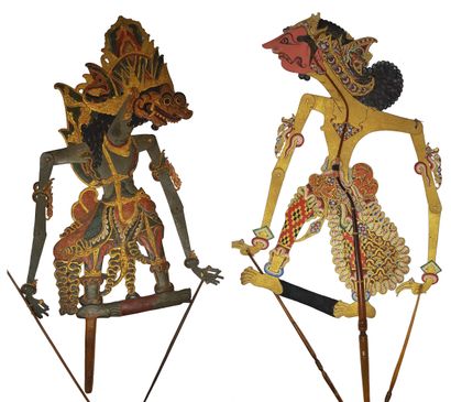 BALI : Deux marionnettes d’ombre du 19e siècle 
Marionnettes complète, l’une en bois...