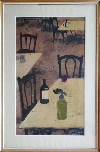 MORENO Benito (1940-2018) 
" La terrasse du café vide " Mixed media sur papier 81...