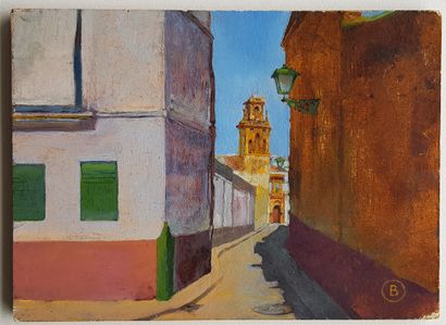 MORENO Benito (1940-2018) 
" La rue ensoleillée " Peinture sur panneau, 16 x 22 cm,...