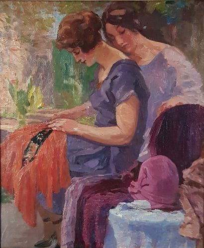 D’ESPAGNAT Georges 1870-1950 (attribué à) La couture dans le jardin" Oil on canvas...