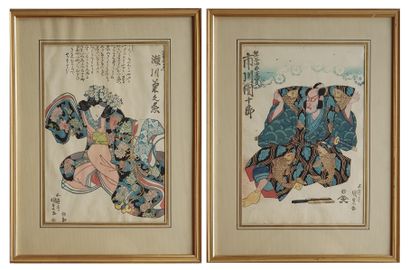 Utagawa Kunisada (1786-1865) 
两幅惣右介，一个戴着樱花头饰的年轻女子和一个穿着装饰有锦鲤的和服的武士，署名Gototei Kunisada...