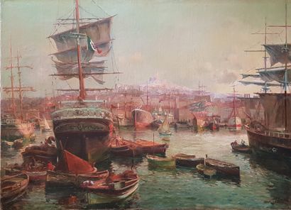 TOFIN (19e et 20e siècles) "马赛港 "重要而卓越的布面油画107 x 78厘米（带框架122 x 93厘米），左下角有签名。 
 高分辨率的照片...