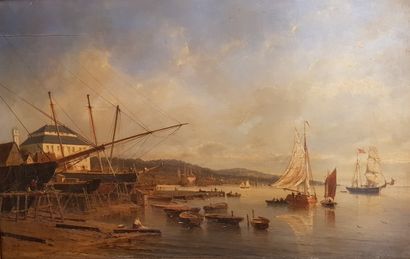 HINTZ Julius (1805-1861) 
" Seascape with its animated shipyard " Oil on panel, 39...