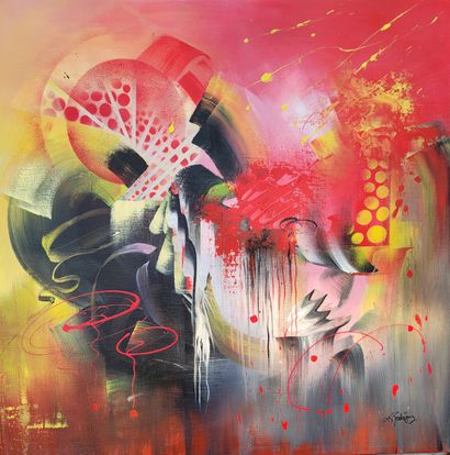 RODRIGUEZ Dany Charlotte "Création Rouge n°1" Acrylique sur toile 80 x 80 cm signée...